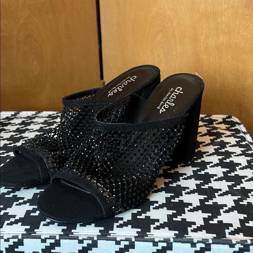 Charles by Charles David Black Mesh Rhinestone Block Heel Mules